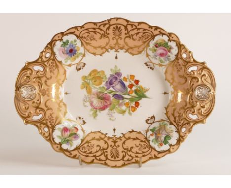 Copeland Spode footed oval Compote bowl. Peach ground and gilt on Rococo moulding with five hand painted floral spray reserve