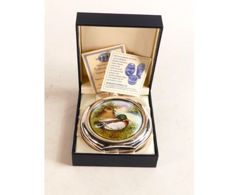 Moorcroft enamel and silver Mallard hip flask by S Smith. Limited edition 10/25. Boxed with certificate. Height 10.5cm