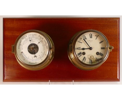 Rapport of London Ships double clock and Barometer, mounted on wooden panel, 25cm x 47cm.