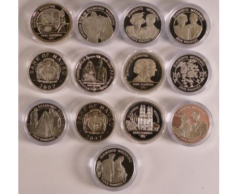 13 x Sterling Silver encapsulated crown size £5 coins, Diamond Wedding, each 28.28g, with certificates. 368g appx.