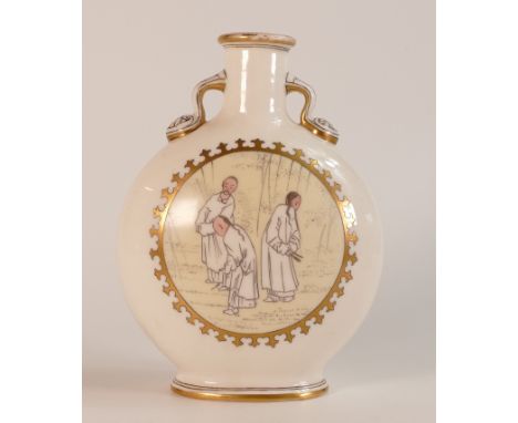 Christopher Dresser for Minton, Victorian 19th century Moon Flask vase. The flask having hand painted Chinoiserie scenes to f