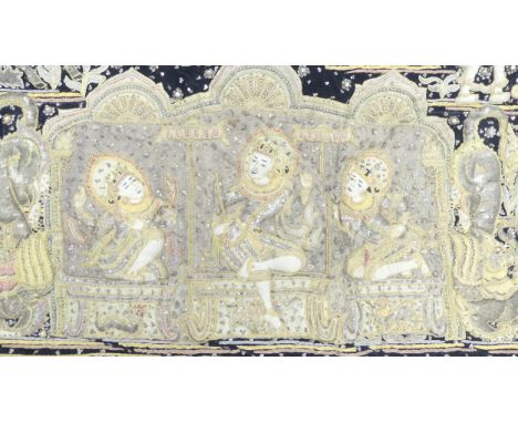 An extremely large old Burmese Kalaga Embroidery sequin tapestry. Decorated with a procession of figures in traditional dress