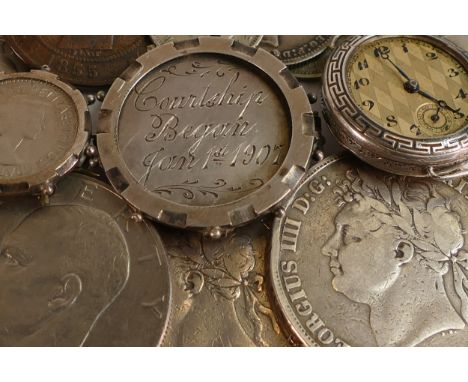 2 x George IV 1821 silver crowns together with various silver coin fobs, silver wrist watch, a small assortment of random coi