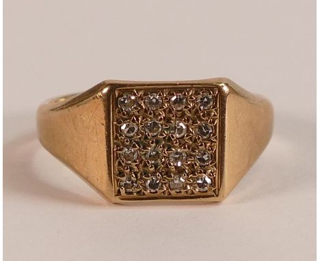 9ct Gold gentleman's white stone square set cluster ring, size Q, 4.8g.