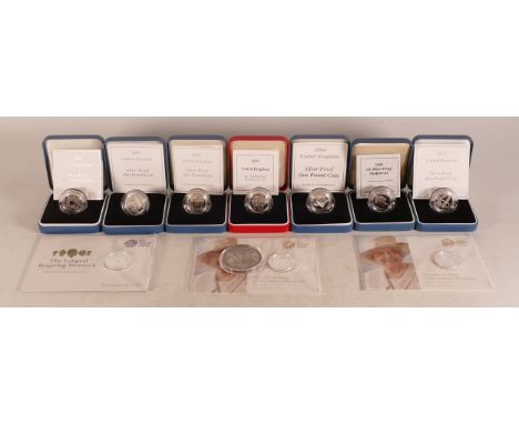 Collection of proof Silver £1 coins with cases and certificates includes, Piedfort 1985 &amp; 2002, 5 x £1 proof Bridges 2004