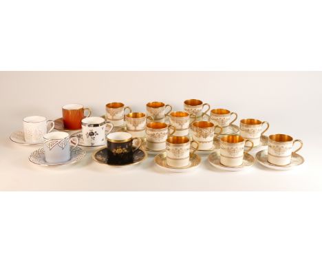 Seventeen Minton coffee cans and saucers including - Art Deco, gilt and cream and raised floral example etc. (1 tray) (17)
