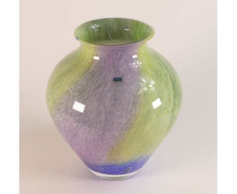 Large Caithness glass vase with swirls of green and purple. Height 22cm