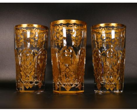 Three De Lamerie Fine Bone China heavily gilded majestic pattern high ball Tumbler glasses, specially made high end quality i