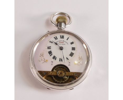 Silver top winding pocket watch, "Hebdomas Patent 8 days" enamelled dial with open escapement movement, d.4.25cm. In ticking 