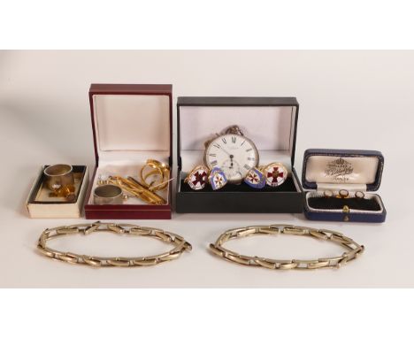 An assortment of items including ladies silver pocket watch &amp; key (not working), gold plated studs, misc. jewellery &amp;