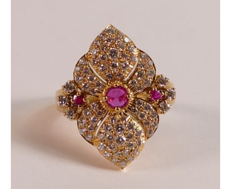 18ct gold hallmarked Diamond &amp; Ruby ring, size N, head measures 25mm x 20mm, weight 9.8g.