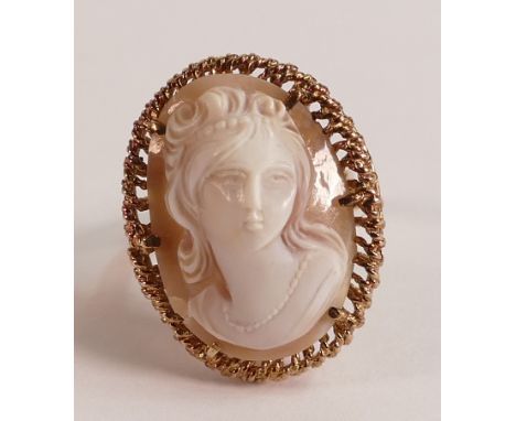9ct Gold ladies dress ring set with large oval cameo, size N, 7.6g.