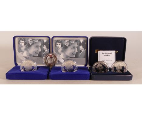 5 x proof Sterling Silver crown size coins each 1 ounce /28.28g - includes 2 x cased 2006 £5 coins with certificates, The dia