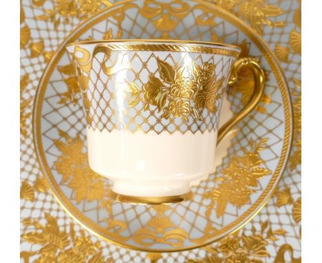 De Lamerie Fine Bone China heavily gilded 'Floral Bells' patterned tea ware to include - tea pot, 2 cups &amp; saucers, 2 sug