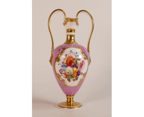 19th century Mintons two handled porcelain vase, gilded loop handles with hand painted panels of flowers, c1830, h.20.5cm.