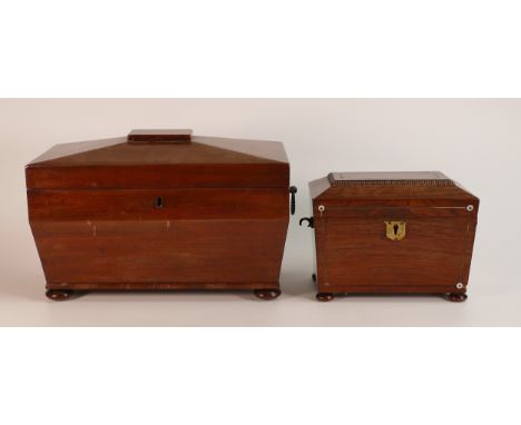 Two George III or later Sarcophagus shape tea caddy. Larger example includes mixing bowl and brass twisted handles on bun fee