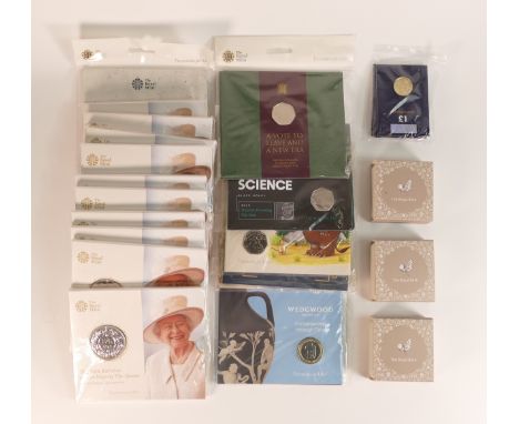 Group of Silver &amp; other coins including 11 x UK £5 coins, sealed on cards (10 are 90th Birthday of QEII), 3 x sterling si