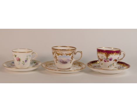 Three 19th century tea cups and saucers including hand painted bird and insect example with maroon and Rococo border, A. S. &