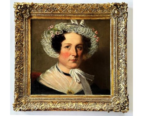 English School (Mid-late 19th century) Portrait of a lady in black wearing lace scarf and bonnet. Her dress also has a gold a