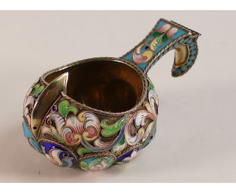 Russian Silver and Enamel Kovsh. Stamped with Kokoshnik 84 Mark and makers mark 'NX' (N in reverse'. Length: 7.6cm