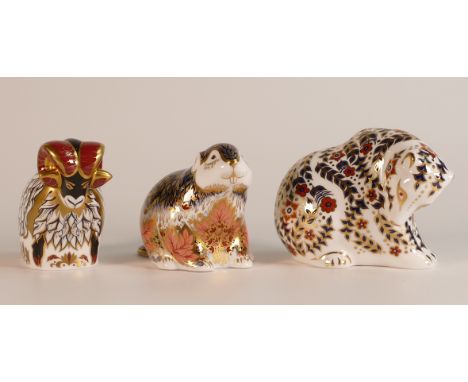 Three boxed Royal Crown Derby paperweights to include Derby County Ram, Riverbank Beaver and Russian Bear. All gold except si