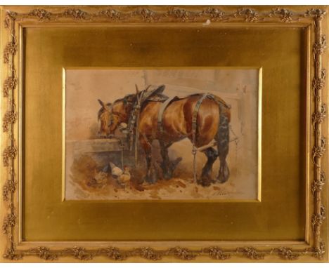 William Woodhouse (1857-1939), Vignette of a Reigned Shire Horse and Chickens at the Trough. Watercolour on paper. In a rose 