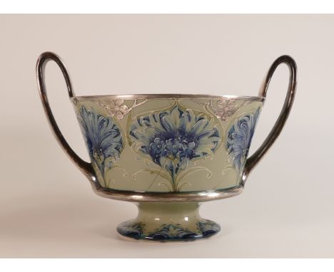 William Moorcroft Florian Cornflower Shreve &amp; Co. two handled cup, with unmarked silver mounts, base signed by hand "W Mo