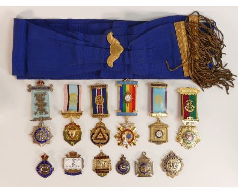 A collection of Royal Buffaloes regalia dating from 1920s -1990s, comprising seven silver and enamelled medals, weight 180g, 