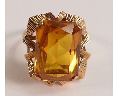 9ct Gold ladies dress ring set with large oblong orange stone, size R, 9.3g.