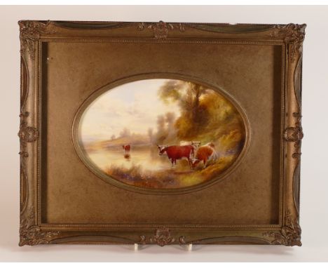 John Stinton for Royal Worcester, a hand painted wading cattle scene plaque, signed to lower left. Puce Royal Worcester backs