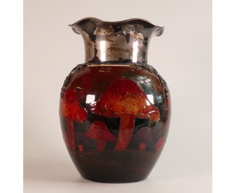 William Moorcroft Flambe Ginger Jar in the Claremont design, c1920, with original Sterling Silver mounts by Gorham Mfg. Co. U