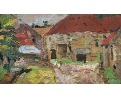 George Leslie Hunter (British, 1877-1931)Cottages in Fife signed 'Hunter' (lower right)oil and charcoal on panel12.6 x 21.7 c