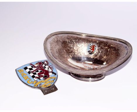 A British automobile racing club chrome and enamelled car badge, of shield shape design and a silver plated BARC trophy, c.19