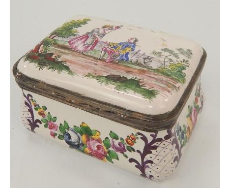 A 19thC Sceaux French enamel box, depicting countryside scene with lady and gent to lid, surrounded by floral hand painted de