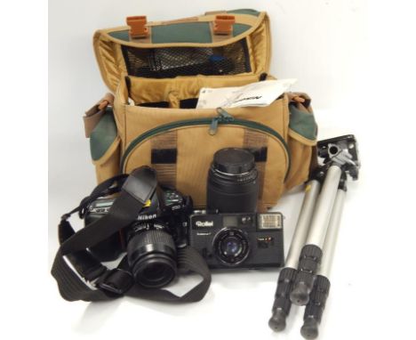 Photography, including Rolei Mat Rangefinder camera, Nikon F50 SLR, Tamron lens, etc, with carry case and miniature tripod.