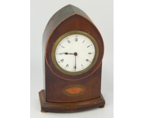 An Edwardian mahogany Lancet mantel clock,  with shell and string inlaid case, enamel dial with timepiece movement, 23cm high