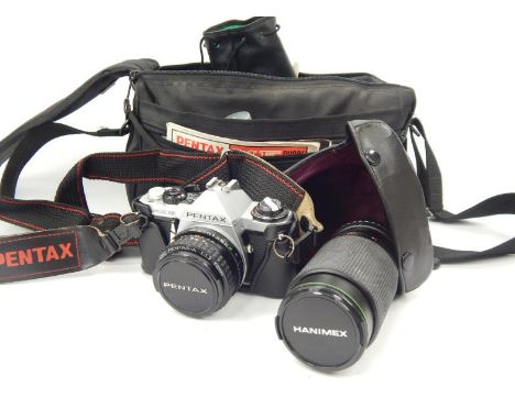 Photography, a Pentax SLR camera in case, with assorted lenses including Hanimex, Tokina, etc in carry case.