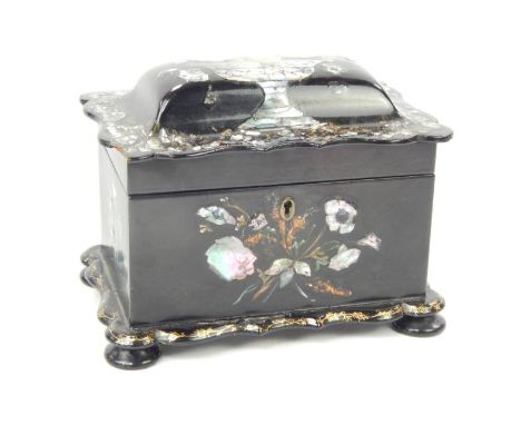 A Victorian papier mache tea caddy, inlaid with mother of pearl, with original divisions and interior covers, 20cm x 14cm, (A