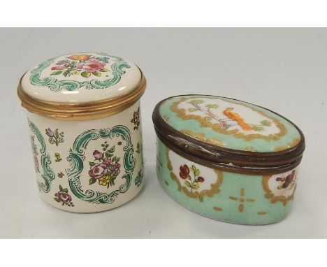 A 19thC enamel pill box, with brass mounts decorated with floral panels and Asiatic pheasants, with one other modern pill box