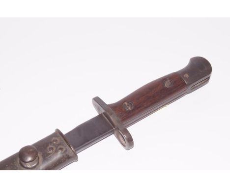 A WWII mark II SMLE bayonet, blade marked 343JU and marked B11941 to scabbard total length including scabbard, 43cm.