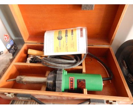 A Leister electric hot air welding tool, in case.