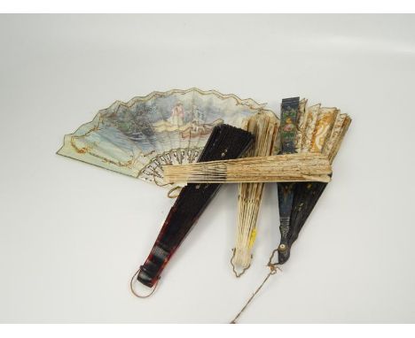 A Victorian mother of pearl fan, painted with 18thC costume figures, of lady and gentleman by a lake, indistinctly signed and