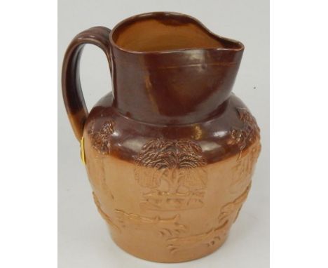 A 19thC stoneware jug, with applied hunting scene decoration, 19cm high.