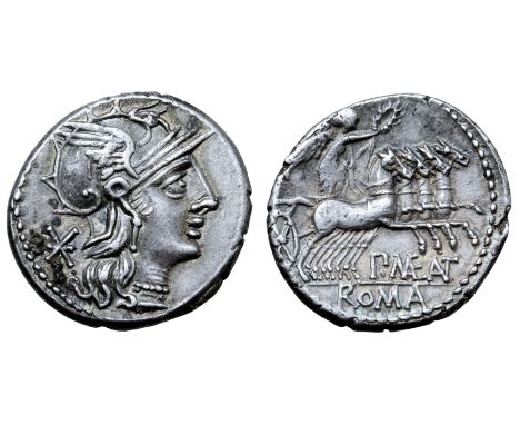 P. Maenius Antiaticus M. f. AR Denarius. Rome, 132 BC. Helmeted head of Roma right; XVI monogram behind / Victory driving gal