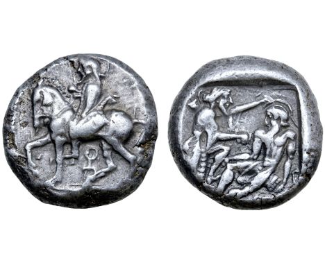 Cilicia, Tarsos AR Stater. Circa 455-400 BC. Horseman (Syennesis?) riding to left, holding lotus flower in right hand and rei