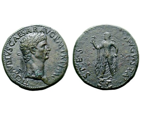 Claudius I Æ Sestertius. Rome, AD 41-42. TI CLAVDIVS CAESAR AVG P M TR P IMP, laureate head right / SPES AVGVSTA, Spes advanc