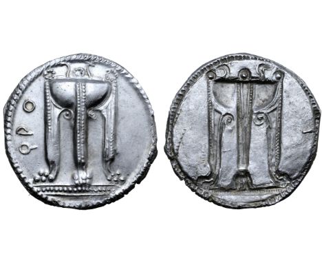 Bruttium, Kroton AR Stater. Circa 530-500 BC. Tripod, legs terminating in lion's paws, with ornaments on and serpents rising 