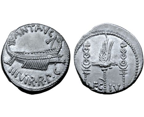 Marc Antony Legionary AR Denarius. Military mint moving with Antony, autumn 32 - spring 31 BC. ANT•AVG III•VIR•R•P•C, praetor
