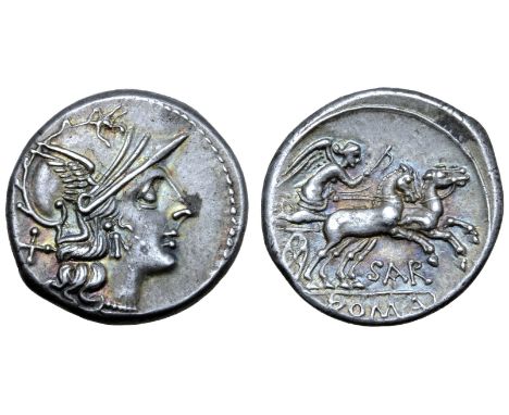 Atilius Saranus AR Denarius. Rome, 155 BC. Helmeted head of Roma right; X behind / Victory driving galloping biga right, hold