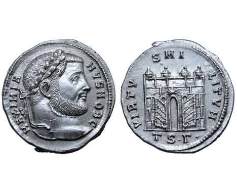 Galerius, as Caesar, AR Argenteus. Thessalonica, AD 302. MAXIMIANVS NOB C, laureate head right / VIRTVS MILITVM, four-turrete